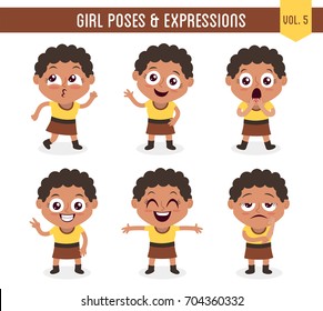 Character design set of a cute black girl in different poses. Cartoon style illustration, isolated on white background. Body gestures and facial expressions. Vector illustration. Set 5 of 8.