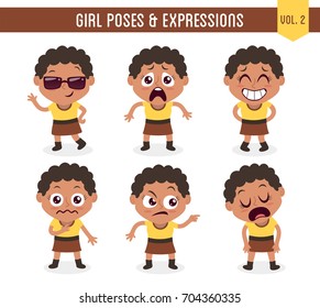 Character design set of a cute black girl in different poses. Cartoon style illustration, isolated on white background. Body gestures and facial expressions. Vector illustration. Set 2 of 8.