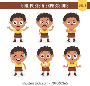 Character design set of a cute black girl in different poses. Cartoon style illustration, isolated on white background. Body gestures and facial expressions. Vector illustration. 