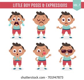 Character design set of a cute little black boy in different poses. Cartoon style illustration, isolated on white background. Body gestures and facial expressions. Vector illustration. Set 7 of 8.