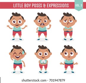 Character design set of a cute little black boy in different poses. Cartoon style illustration, isolated on white background. Body gestures and facial expressions. Vector illustration. Set 3 of 8.