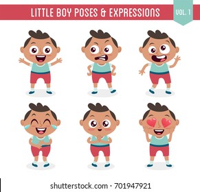 Character design set of a cute little black boy in different poses. Cartoon style illustration, isolated on white background. Body gestures and facial expressions. Vector illustration. Set 1 of 8.