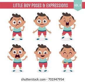 Character design set of a cute little black boy in different poses. Cartoon style illustration, isolated on white background. Body gestures and facial expressions. Vector illustration. Set 6 of 8.