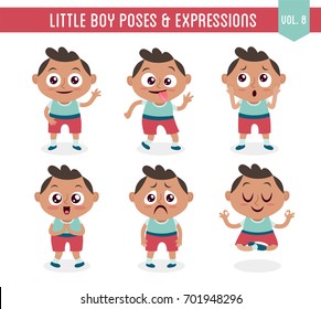 Character design set of a cute little black boy in different poses. Cartoon style illustration, isolated on white background. Body gestures and facial expressions. Vector illustration. Set 8 of 8.