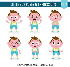 Character design set of a cute little white boy in different poses. Cartoon style illustration, isolated on white background. Body gestures and facial expressions. Vector illustration. Set 3 of 8.
