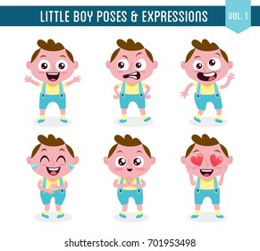 Character design set of a cute little white boy in different poses. Cartoon style illustration, isolated on white background. Body gestures and facial expressions. Vector illustration. Set 1 of 8.