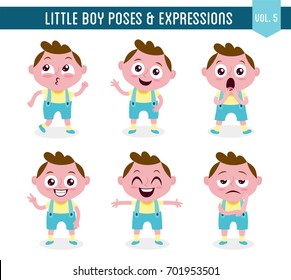 Character design set of a cute little white boy in different poses. Cartoon style illustration, isolated on white background. Body gestures and facial expressions. Vector illustration. Set 5 of 8.
