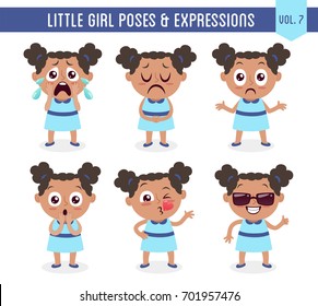 Character design set of a cute little black girl in different poses. Cartoon style illustration, isolated on white background. Body gestures and facial expressions. Vector illustration. Set 7 of 8.