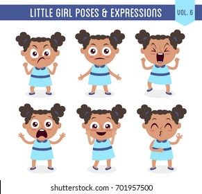 Character design set of a cute little black girl in different poses. Cartoon style illustration, isolated on white background. Body gestures and facial expressions. Vector illustration. Set 6 of 8.