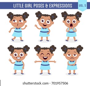 Character design set of a cute little black girl in different poses. Cartoon style illustration, isolated on white background. Body gestures and facial expressions. Vector illustration. Set 5 of 8.