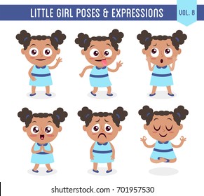Character design set of a cute little black girl in different poses. Cartoon style illustration, isolated on white background. Body gestures and facial expressions. Vector illustration. Set 8 of 8.