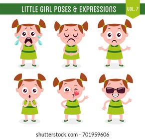 Character design set of a cute little white girl in different poses. Cartoon style illustration, isolated on white background. Body gestures and facial expressions. Vector illustration. Set 7 of 8.