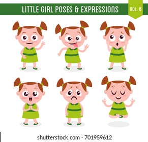 Character design set of a cute little white girl in different poses. Cartoon style illustration, isolated on white background. Body gestures and facial expressions. Vector illustration. Set 8 of 8.