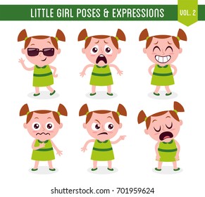 Character design set of a cute little white girl in different poses. Cartoon style illustration, isolated on white background. Body gestures and facial expressions. Vector illustration. Set 2 of 8.