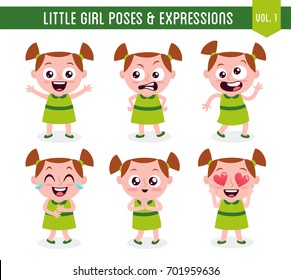 Character design set of a cute little white girl in different poses. Cartoon style illustration, isolated on white background. Body gestures and facial expressions. Vector illustration. Set 1 of 8.