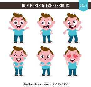 Character design set of a cute white boy in different poses. Cartoon style illustration, isolated on white background. Body gestures and facial expressions. Vector illustration. 