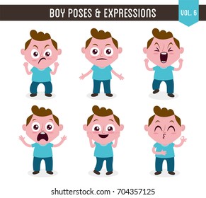 Character design set of a cute white boy in different poses. Cartoon style illustration, isolated on white background. Body gestures and facial expressions. Vector illustration. 