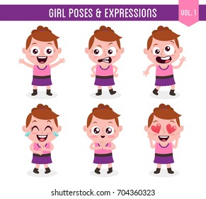 Character design set of a cute white girl in different poses. Cartoon style illustration, isolated on white background. Body gestures and facial expressions. Vector illustration. Set 1 of 8.