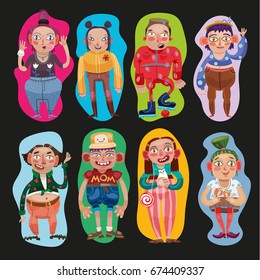 Character design set. Eight characters. Street style fashion outfits.