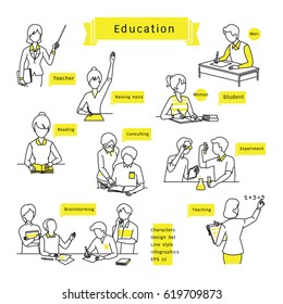 Character design set  line icons  drawing  sketching  education concept  students   teachers  man  woman  friends  various activities  Infographics vector illustration  simple   minimal style 
