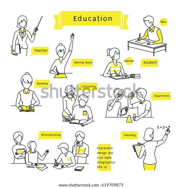 文字デザインセット 線のアイコン 描画 スケッチ 教育のコンセプト 学生と教師 男性 女性 友人 さまざまな活動 インフォグラフィックスのベクター イラスト シンプルで最小限のスタイル のベクター画像素材 ロイヤリティフリー