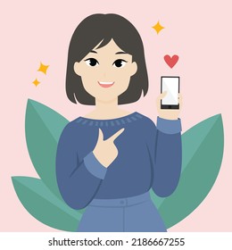 Diseño de caracteres mujer de pelo corto mano derecha sosteniendo un teléfono y la mano izquierda apuntó a ese teléfono. Ilustración vectorial.