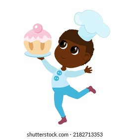 Diseño de personajes niño pequeño corriendo y llevando un delicioso muffin en sus manos. Carácter lindo en dibujos animados de estilo plano aislados en fondo blanco.