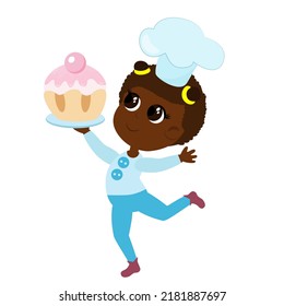 Character design small child girl running and carrying a huge delicious muffin in his hands. Cute character in cartoon flat style isolated on white background.