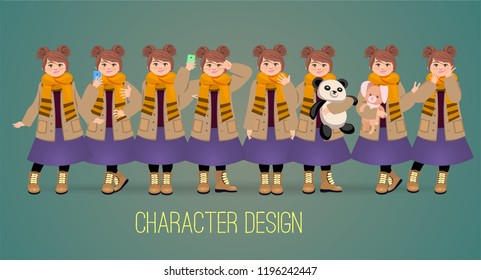 character design. Teen girl, for animation. Vector illustration