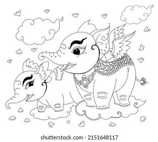 Character design of two fantasy elephant and beautiful clouds vector doodle illustration for background,greeting card,wallpaper,animals cartoon images,coloring pages,preschool coloring pages,clipart.