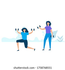 Character design of two young fitness woman exercising with holding dumbbell in nature with healthy lifestyle concept. Vector illustration in flat style.