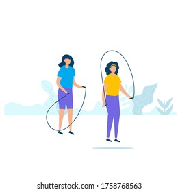 Character design of two young fitness woman doing exercising with jumping ropes in nature with healthy lifestyle concept. Vector illustration in flat style.