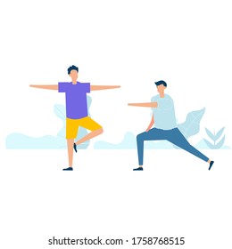 Diseño de caracteres de dos jóvenes practicando estiramientos en la naturaleza con el concepto de estilo de vida saludable. Ilustración vectorial en estilo plano.