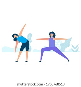 Character design of two young woman practicing stretching together in nature with healthy lifestyle concept. Vector illustration in flat style.