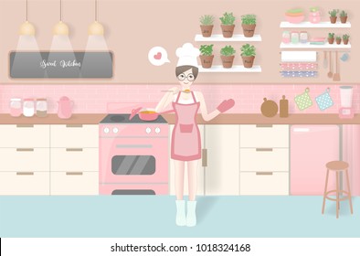 Character design with a woman cooking in  a vintage kitchen style, pastel color. Vector illustration. 