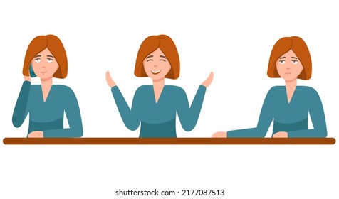 Character design. Woman with different facial expressions. Sad, cheerful, smiling girl is sitting.