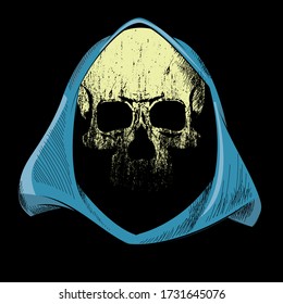 Character design with yellow skull under light blue hood isolated on black