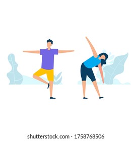 Character design of young couple practicing stretching together in nature with healthy lifestyle concept. Vector illustration in flat style.