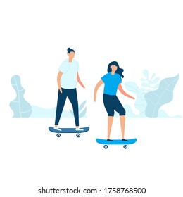 Character design of young couple riding a skateboard together in nature with healthy lifestyle concept. Vector illustration in flat style.