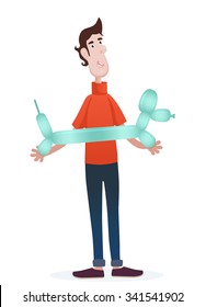 Character design, young man with green dog baloon