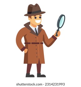 personaje detective en pleno crecimiento y con una lupa en la mano. ilustración vectorial plana