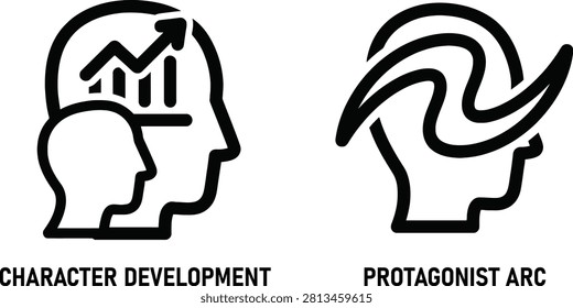 Character development and protagonist arc icons with character development protagonist narrative creative psychology learning improvement