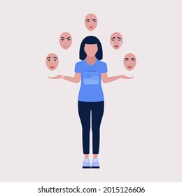 Character with different masks of emotions. Vector illustration in a flat style