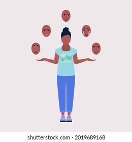 Character with different masks of emotions. Vector illustration in a flat style