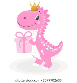 Character, dinosaur instinct, dinosaur, female howl, girl, crown gold, gift, surprise, element, for designer, party invitations, birthday, holidays, isolated vector illustration