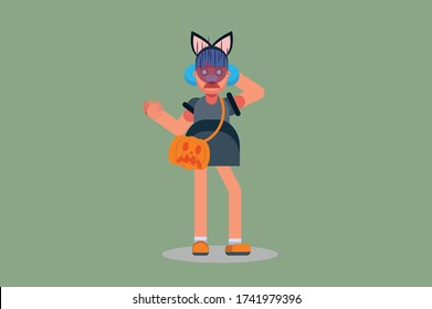 A character of a disappointed girl with a cat costume. Simple character vector illustration, Halloween costume.