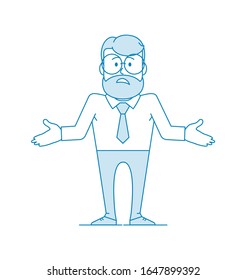 Character is a disgruntled man with glasses and a beard shrugs and spreads his hands in confusion. I can’t help, or I can’t do anything. Manager or office worker in a shirt with a tie.  Vector