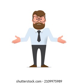 Character is a disgruntled man with glasses and a beard shrugs and spreads his hands in confusion. I can t help, or I can t do anything. Office worker in a tie. Illustration in flat style. Vector