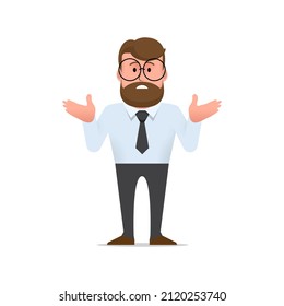 Character is a disgruntled man with glasses and a beard shrugs and spreads his hands in confusion. I can t help, or I can t do anything. Office worker in a tie. Illustration in flat style. Vector