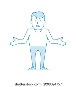 Character is a disgruntled man shrugs and spreads his hands in confusion. I can t help, or I can t do anything. Illustration in line art style. Vector illustration in blue colors.